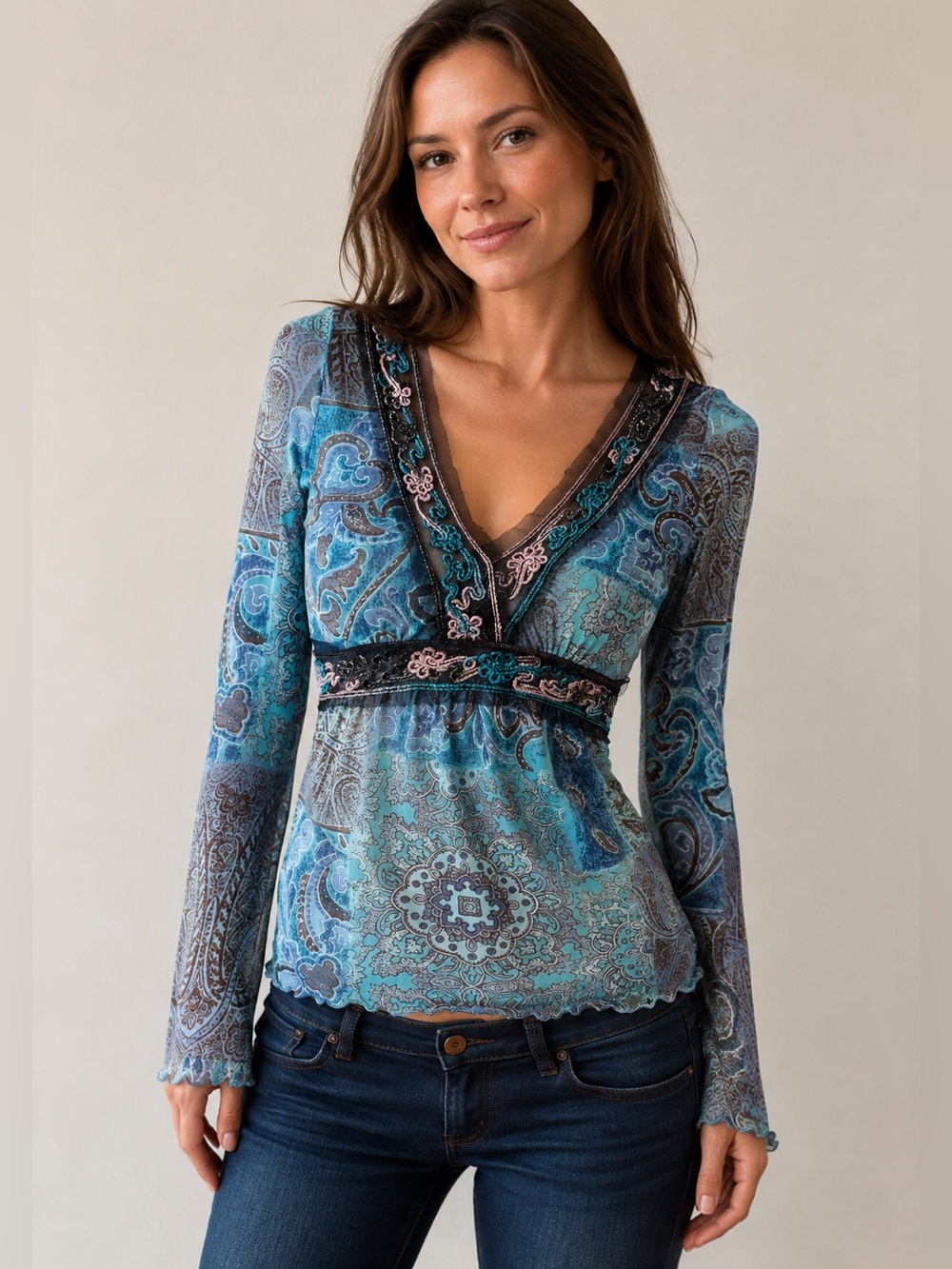 Promod Y2K Mesh Top Turquoise Paisley Embroidered Trim Fairycore Whimsy Small
